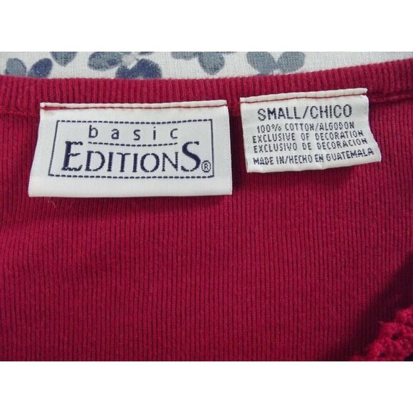 Basic Editions T-shirt Womens Size Small Red Ribbed Knit V-neck Crochet Trim top - Picture 6 of 9
